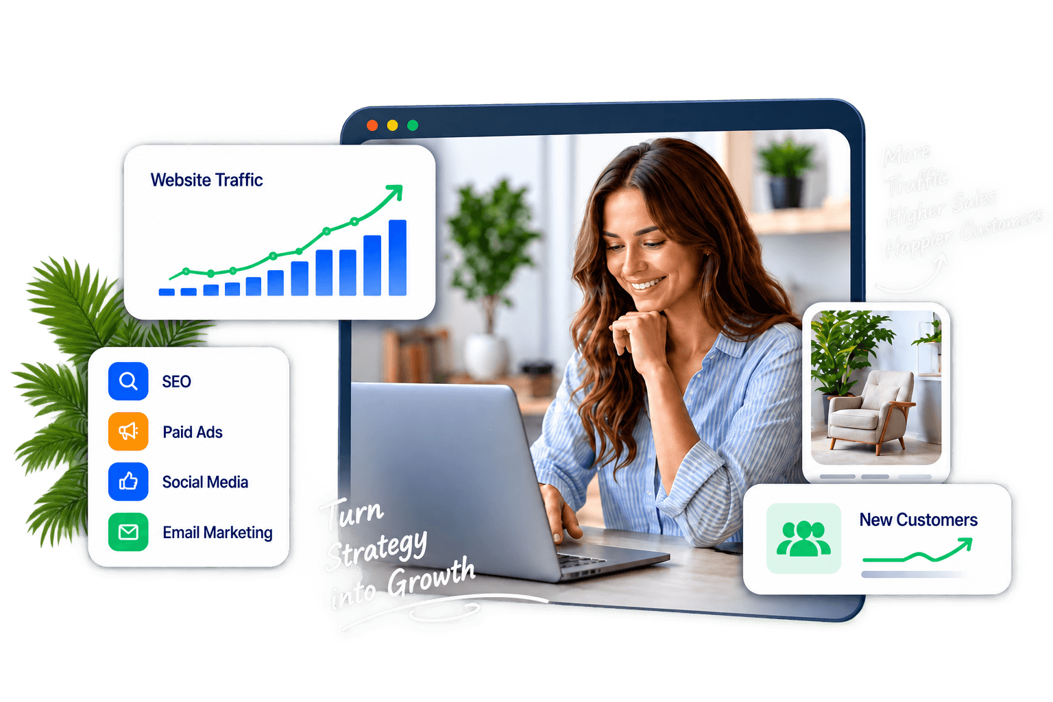 Digital marketing workspace with campaign channels and growth insights