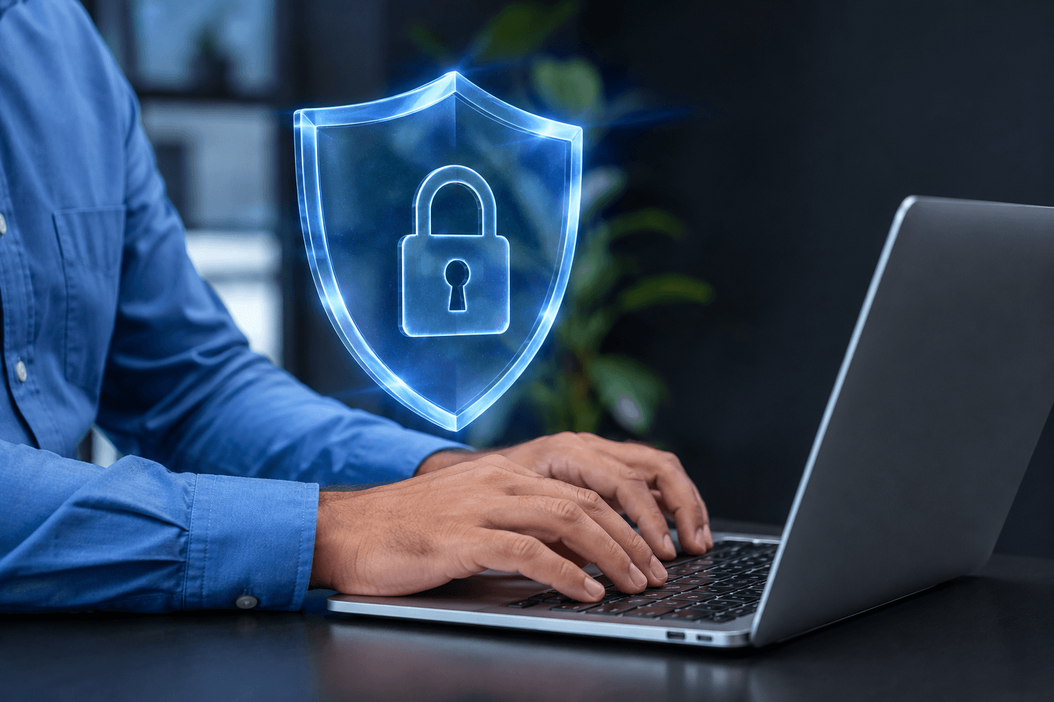 Website protection illustration with a security shield above a laptop