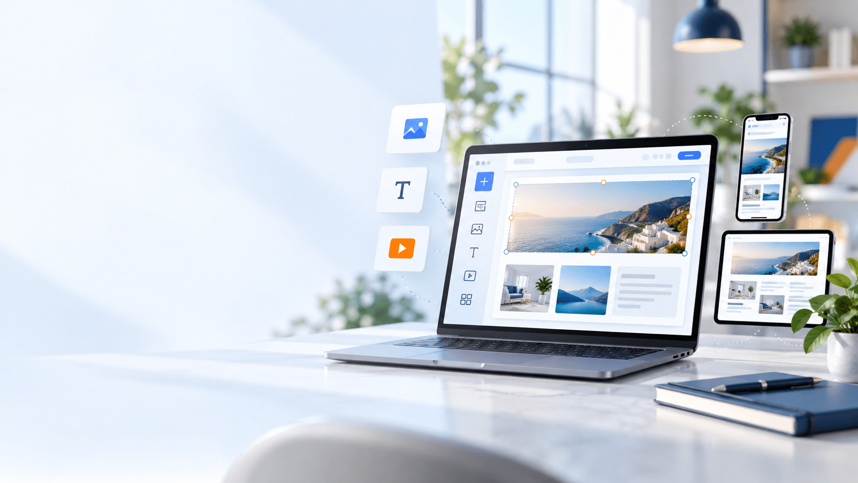 A responsive business website being created visually across laptop and mobile screens