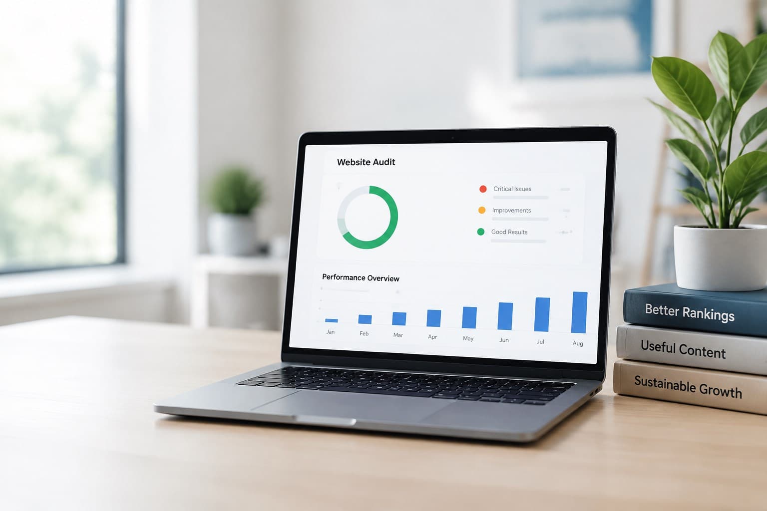 SEO website audit displayed on a laptop in a bright workspace