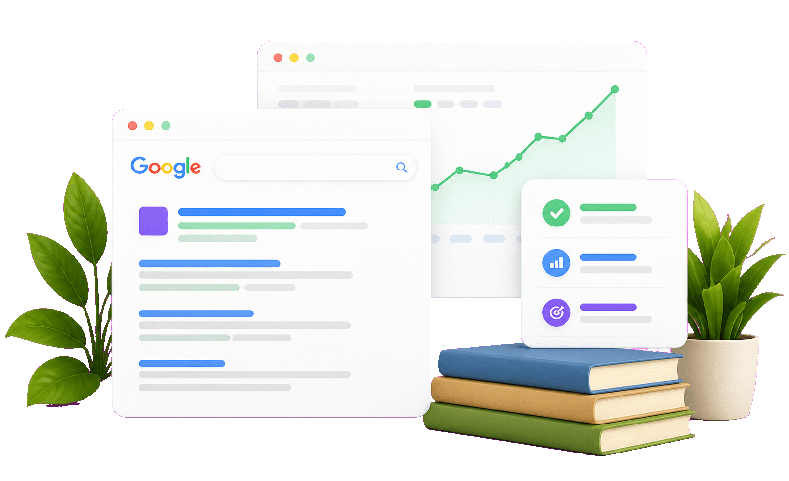 Layered search results and organic traffic dashboards surrounded by plants and books