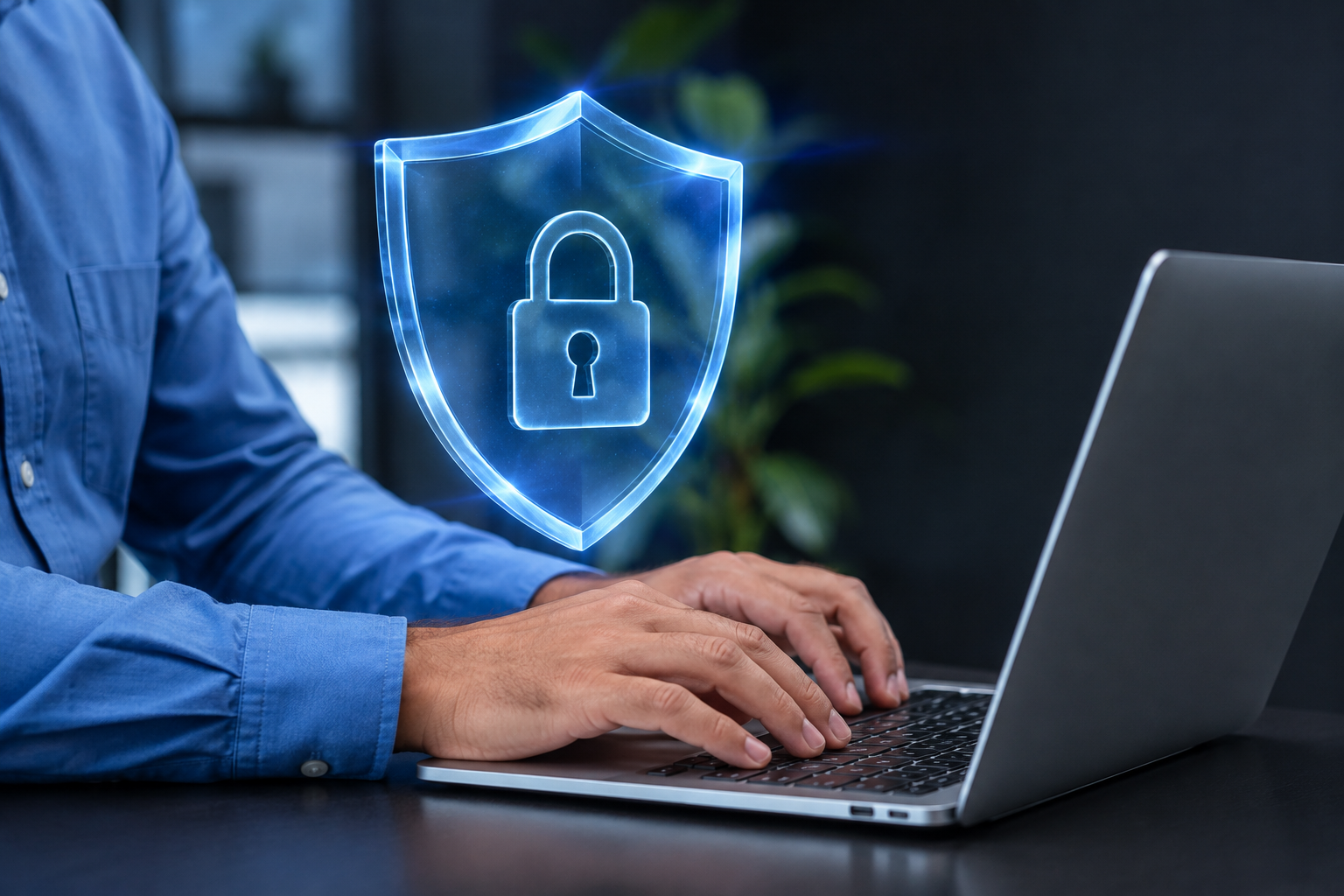 Website protection illustration with a security shield above a laptop